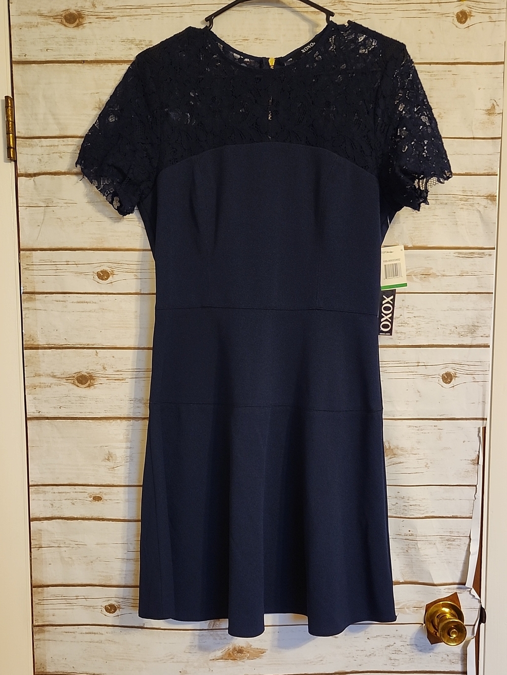 XOXO Navy Lace-Top Fit & Flare Dress Large